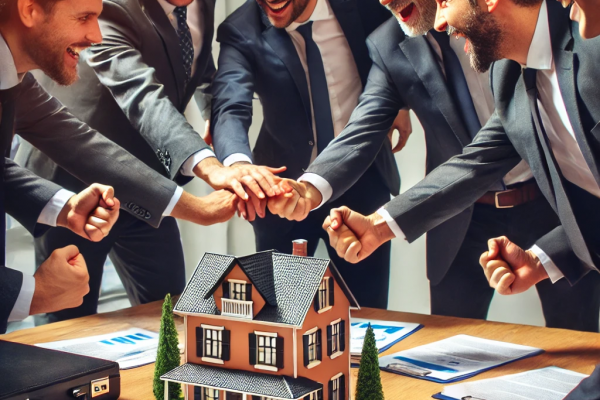 An-image-showing-a-group-of-professional-business-buyers-in-suits-enthusiastically-competing-over-a-small-business.-They-are-holding-briefcases-and-sh